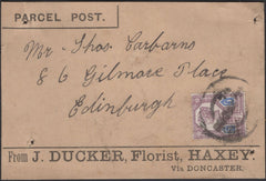 135673 CIRCA 1890 PRIVATE 'PARCEL POST' LABEL DONCASTER TO EDINBURGH WITH 5D JUBILEE (SG207a).