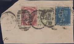 135718 1877 PIECE WITH THREE COLOUR COMBINATION 1½D PL.3 (SG51), 4D SAGE GREEN PL.15 (SG153) AND 2D BLUE PL.15 (SG47).