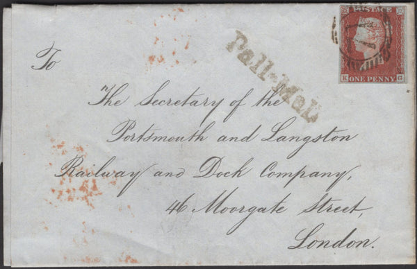 135742 1845 MAIL USED IN LONDON WITH 1D PL.57 (SG8)(KG) WITH 'Pall-Mall' RECEIVERS HAND STAMP (L514/PAL44).