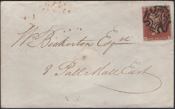 135743 1844 MAIL USED IN LONDON WITH 1D PL.38 (SG8)(HB) AND 'T.P/Chief.Office' HAND STAMP.