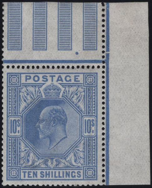 135798 1912 10S BLUE (SG319) FINE UNMOUNTED CORNER MARGINAL EXAMPLE.