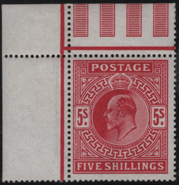 135801 1912 5s CARMINE (SG318) FINE UNMOUNTED O.G. CORNER MARGINAL EXAMPLE.