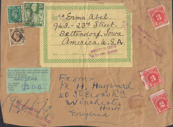 135812 1950 PART PARCEL WRAPPER UK TO THE US WITH KGVI 2S 6D YELLOW-GREEN (SG476b) AND US POSTAGE DUES.