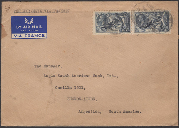 135816 1935 AIR MAIL LONDON TO ARGENTINA WITH 10S SEAHORSE (SG452) X 2.