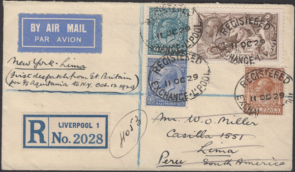 135818 1929 REGISTERED AIR MAIL LIVERPOOL TO PERU WITH 2/6 SEAHORSE (SG415) AND OTHER ISSUES.