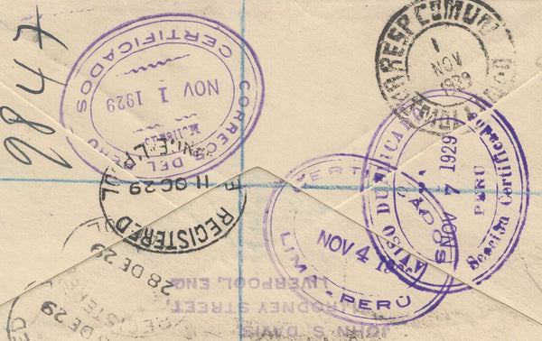 135818 1929 REGISTERED AIR MAIL LIVERPOOL TO PERU WITH 2/6 SEAHORSE (SG415) AND OTHER ISSUES.