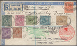 135834 1933 REGISTERED AIR MAIL SHEFFIELD TO ARGENTINA WITH VARIOUS KGV ISSUES AND ZEPPELIN CACHET.