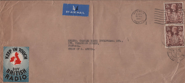 135840 1940 AIR MAIL WELWYN, HERTS TO SOUTH AFRICA WITH KGVI 2/6 BROWN (SG476) X 2.