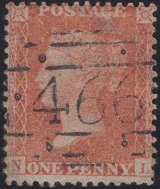 135870 1857 DIE 2 1D PL.43 ORANGE-BROWN (SG33)(NL) CANCELLED LIVERPOOL '466' NUMERAL WITH PINS.