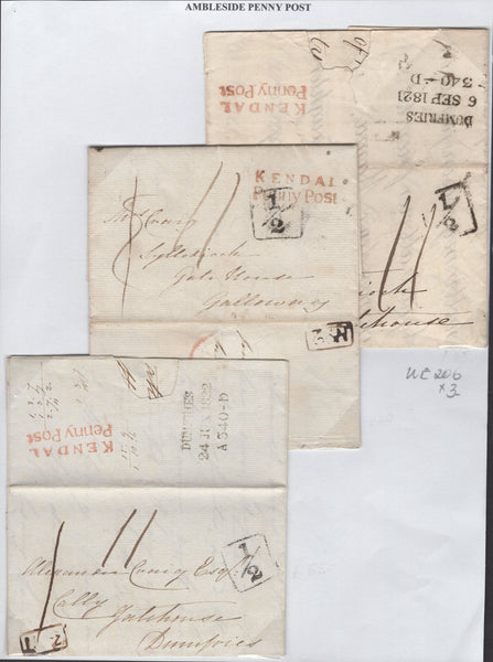 135876 1820-1822 THREE LETTERS WITH VERY FINE STRIKES 'KENDAL/Penny Post' HAND STAMPS IN RED (WE206).