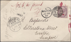 135877 1885 UNDELIVERED MAIL WIGTON, CUMBERLAND TO LIVERPOOL WITH POST OFFICE 'RETURNED' ENVELOPE.