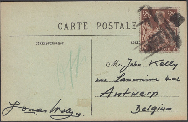 135884 UNDATED POST CARD CIRCA 1941 TO BELGIUM WITH KGVI 2/6 BROWN (SG476).