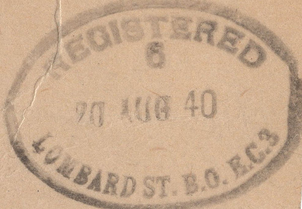 135885 1940 REGISTGERED PARCEL TAG WITH KGVI 3D VIOLET (SG467) AND 2/6 BROWN (SG476).