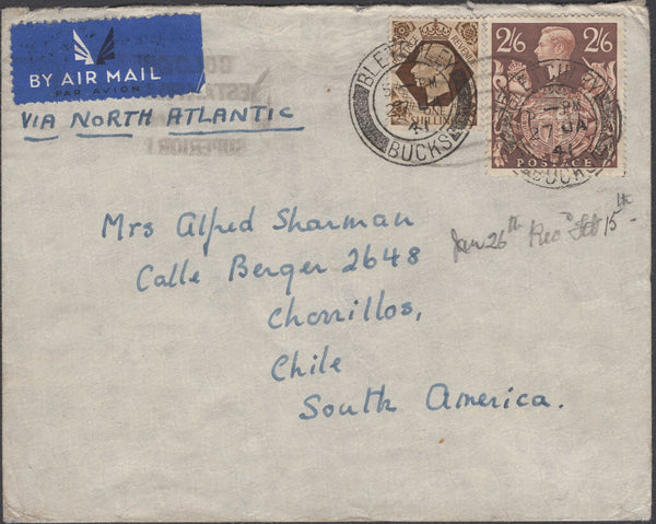 135886 1941 AIR MAIL BLETCHLEY, BUCKS TO CHILE WITH 2/6 BROWN (SG476).