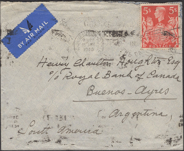 135888 1940 AIR MAIL BOURNEMOUTH-POOLE TO ARGENTINA WITH 5S RED (SG477).