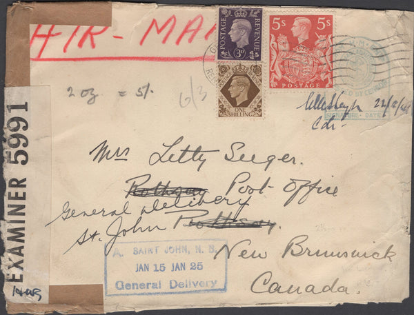 135889 1941 AIR MAIL GREENOCK TO NEW BRUNSWICK WITH 5S RED (SG477).