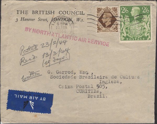 135892 1944 AIR MAIL LONDON TO CURITIBA, BRAZIL WITH 2/6 YELLOW-GREEN (SG476b).