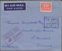 135902 1963 UNDERPAID AIR MAIL CANADA TO ARUNDEL, SUSSEX.