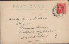 135903 1937 MAIL ABERTILLERY TO BRISTOL WITH PART DRAWN MESSAGE ON REVERSE.