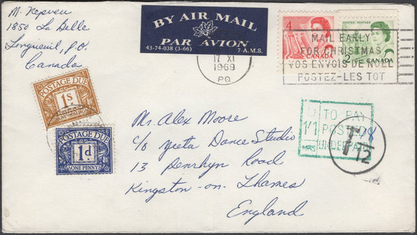 135905 1969 UNDERPAID AIR MAIL CANADA TO KINGSTON ON THAMES.