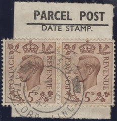 135906 1943? SMALL SIZE 'PARCEL POST' LABEL WITH KGVI 5D BROWN (SG469) X 2.