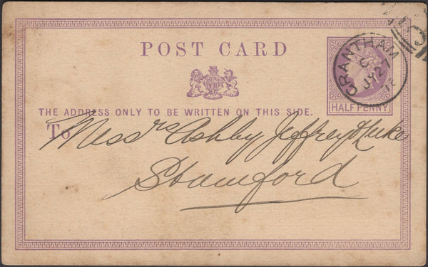 135907 1876 ½D MAUVE POST CARD GRANTHAM TO STAMFORD.