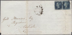 135917 1841 2D BLUE PL.3 (SG14) HORIZONTAL PAIR (BG BH) ON LETTER LONDON TO CARLISLE SEPTEMBER 1841.