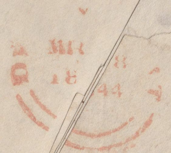 135928 1844 MAIL DEVONPORT TO ST COLUMB WITH 1D PL.34 (SG8) WITH MARGINAL INSCRIPTION.