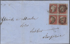 135929 1852 MAIL LONDON TO LUDLOW WITH BLOCK OF FOUR 1D PL.144 (SG8), ON REVERSE 'LUDLOW' SKELETON DATE STAMP IN BLUE (SH269).