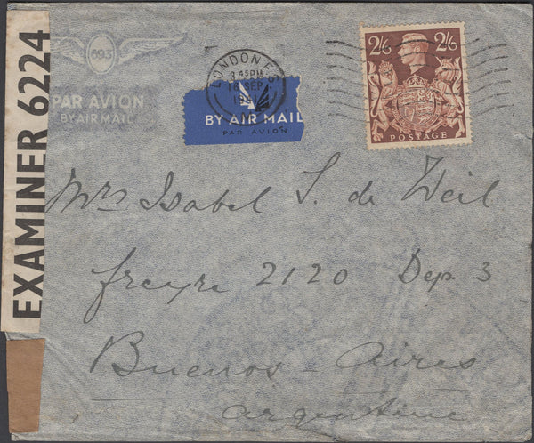 135947 1941 AIR MAIL LONDON TO ARGENTINE WITH 2/6 BROWN (SG476).