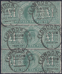 135962 1902 £1 DULL BLUE-GREEN (SG266) USED VERTICAL STRIP OF THREE.