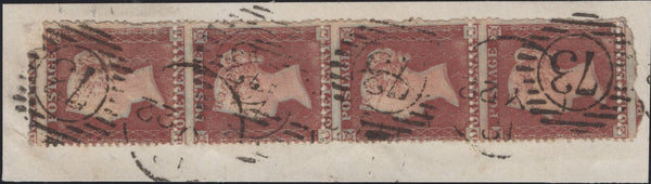 136031 1854 DIE 1 1D PL.166 (SG17) VERTICAL STRIP OF FOUR, MISPLACED SHEET VARIETY AND SIGNIFICANT BROKEN PERFORATION PINS AT RIGHT.