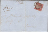 136036 1854 MAIL LONDON TO IRVINE, SCOTLAND WITH DIE 1 1D PL.162 (SG17)(AJ), VERY SHORT STAMP AND MISSING IMPRIMATUR LETTERING.