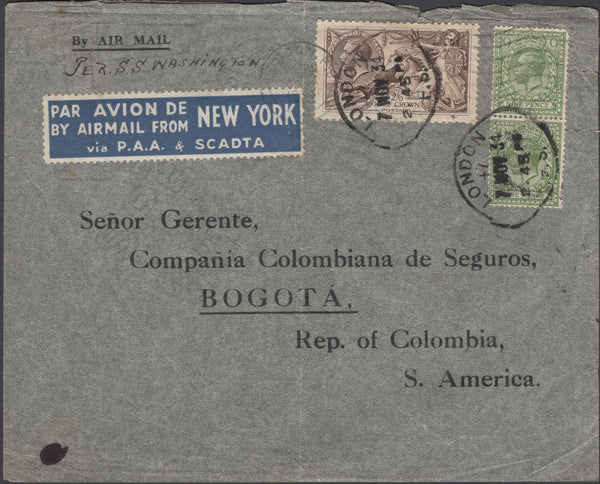 136061 1934 AIR MAIL VIA SCADTA LONDON TO COLOMBIA WITH 2/6 SEAHORSE (SG415).