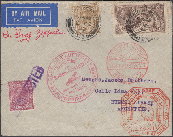 136064 1932 AIR MAIL 'PER GRAF ZEPPELIN' MANCHESTER TO ARGENTINE WITH 2/6 SEAHORSE (SG415).