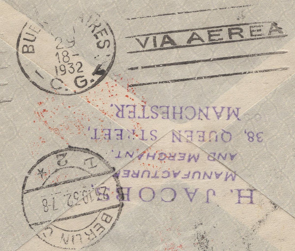 136064 1932 AIR MAIL 'PER GRAF ZEPPELIN' MANCHESTER TO ARGENTINE WITH 2/6 SEAHORSE (SG415).