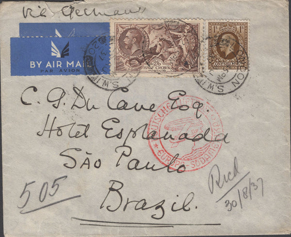 136067 1937 AIR MAIL LONDON TO BRAZIL WITH 2/6 SEAHORSE (SG450).