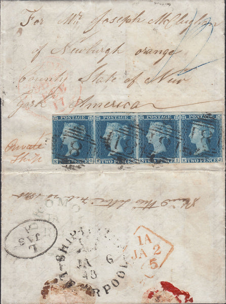 136105 1844 MAIL DROMORE, IRELAND TO AMERICA WITH STRIP OF FOUR 2D BLUE PL.3 (SG14).