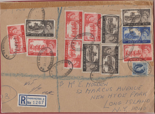 136117 1967 PART PARCEL WRAPPER SENT REGISTERED LONDON TO LONG ISLAND WITH CASTLE ISSUE 2/6 X 4, 5S X 6 AND 10S.