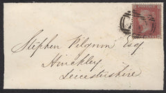 136138 1856 MOURNING ENVELOPE AMPTHILL, BEDS TO HINCKLEY WITH DIE 2 1D PL.32 (SG29)(QF).