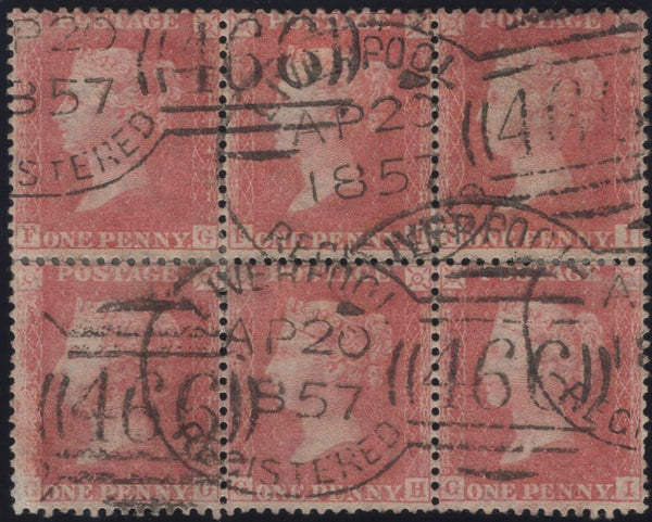 136212 1857 DIE 2 1D PL.43 PALE RED TRANSITIONAL SHADE (SPEC C9(3) USED BLOCK OF SIX WITH 'LIVERPOOL/REGISTERED/466' CANCELLATIONS (RA71).