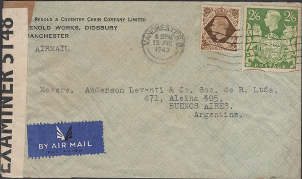 136224 1943 AIR MAIL MANCHESTER TO ARGENTINE WITH 2/6 YELLOW-GREEN (SG476b).