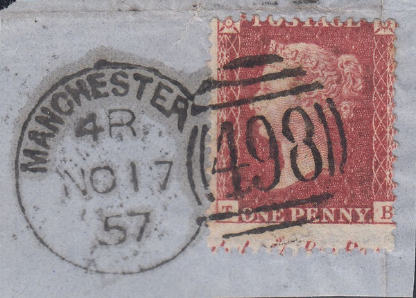 136229 1857 PIECE WITH DIE 2 1D PL.47 (SG41)(TB) WITH SMALL PART MARGINAL INSCRIPTION, 'MANCHESTER/498' SPOON TYPE 4a (RA86).