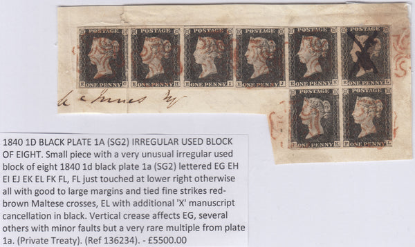 136234 1840 1D BLACK PLATE 1A (SG2) IRREGULAR USED BLOCK OF EIGHT.