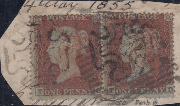 136255 1855 PIECE WITH PAIR DIE 1 1D (SG17)(TC TD) CANCELLED BLACK MALTESE CROSSES AND SCOTTISH NUMERAL CANCELLATION (SPEC C1tc).