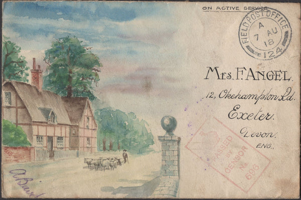 136261 1918 FIRST WORLD WAR HAND PAINTED CORRESPONDENCE (15 ITEMS) FROM VARIOUS 'FIELD POST OFFICES' TO THE ANGEL FAMILY IN EXETER.