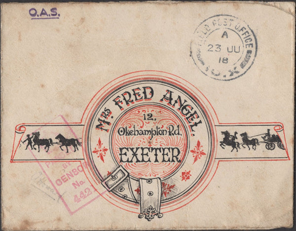 136261 1918 FIRST WORLD WAR HAND PAINTED CORRESPONDENCE (15 ITEMS) FROM VARIOUS 'FIELD POST OFFICES' TO THE ANGEL FAMILY IN EXETER.