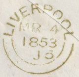 136321 1853 MAIL LIVERPOOL TO NARBERTH WITH 1D PL.154 (SG8)(JC) WITH ORNATE 'HAVERFORDWEST' EMBOSSED FLAP.