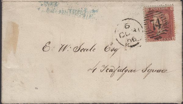 136324 1856 ENVELOPE FRONT AND FLAP USED IN LONDON WTH 'Holborn-Hill' RECEIVERS HAND STAMP IN BLUE.