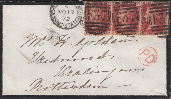 136339 1872 MOURNING ENVELOPE GENSING STATION, SUSSEX TO ROTTERDAM WITH 1D PL.160 (SG43) X 3.